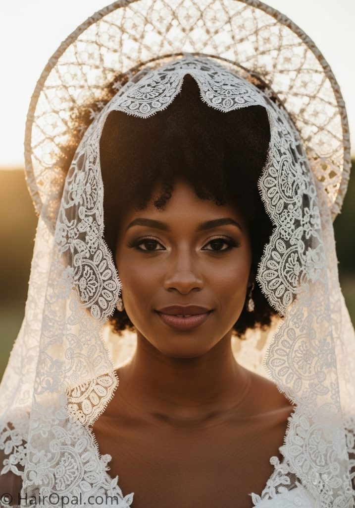 Black bride with natural afro mantilla veil hairstyle curly hair