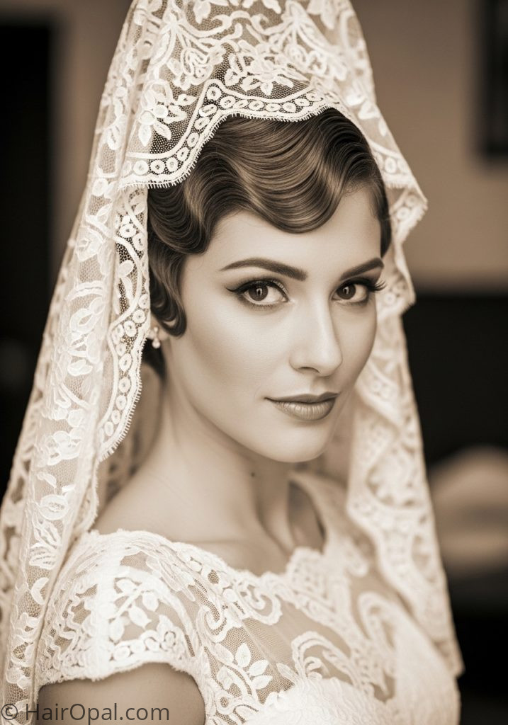 Bride with short vintage styled hair mantilla veil hairstyle short vintage