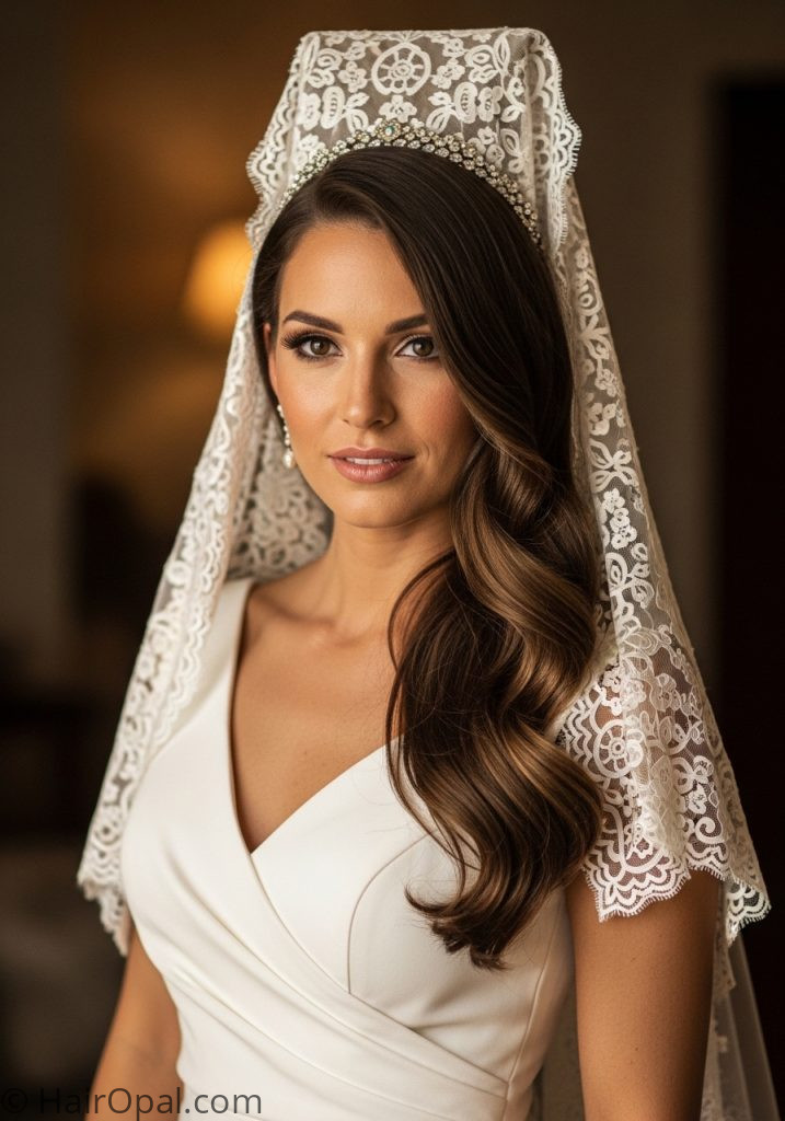 Bride with side part waves mantilla veil hairstyle side part