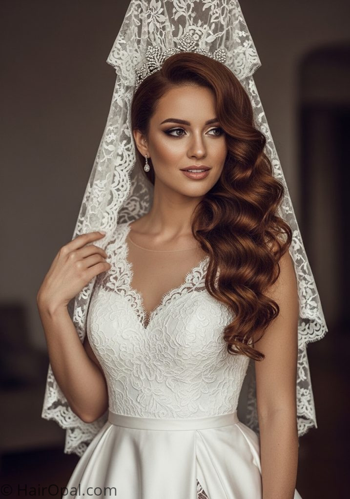 Bride with side swept curls mantilla veil hairstyle curly hair side part