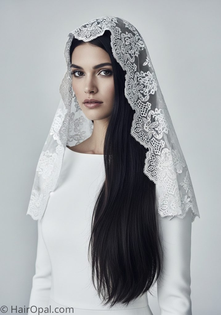 Bride with sleek straight hair mantilla veil hairstyle down