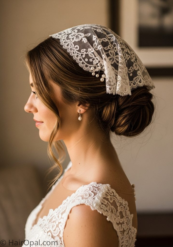 Bride with twisted updo mantilla veil hairstyle updo medium hair