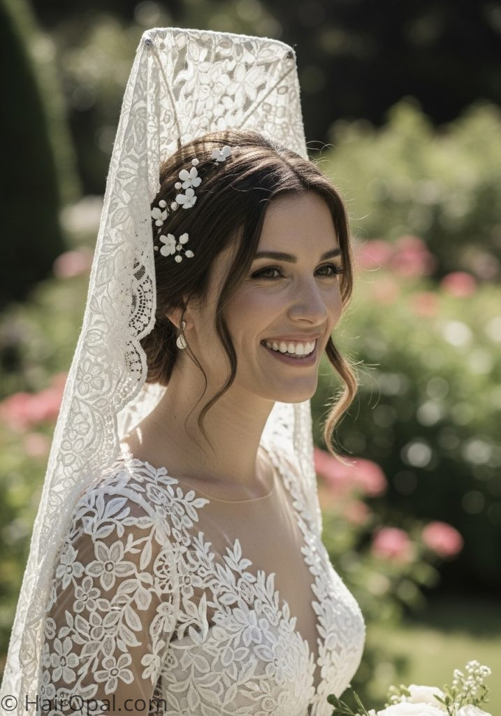 Bride with romantic updo flower pins mantilla veil hairstyle updo