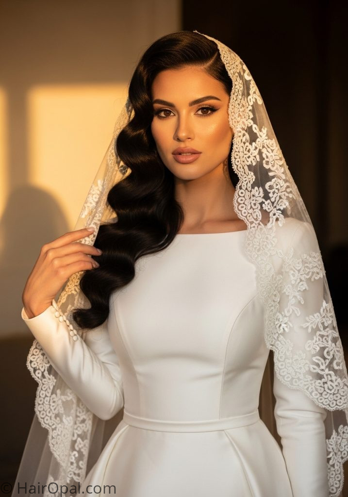 Bride with Hollywood waves mantilla veil hairstyle vintage side part