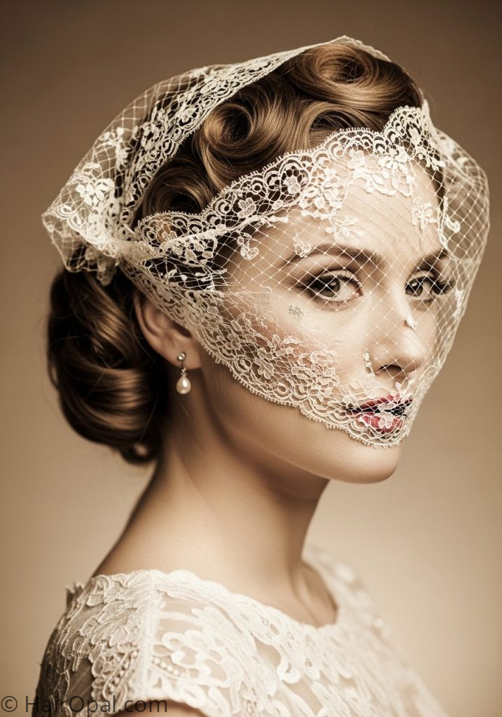 Bride with vintage updo mantilla veil hairstyle vintage updo