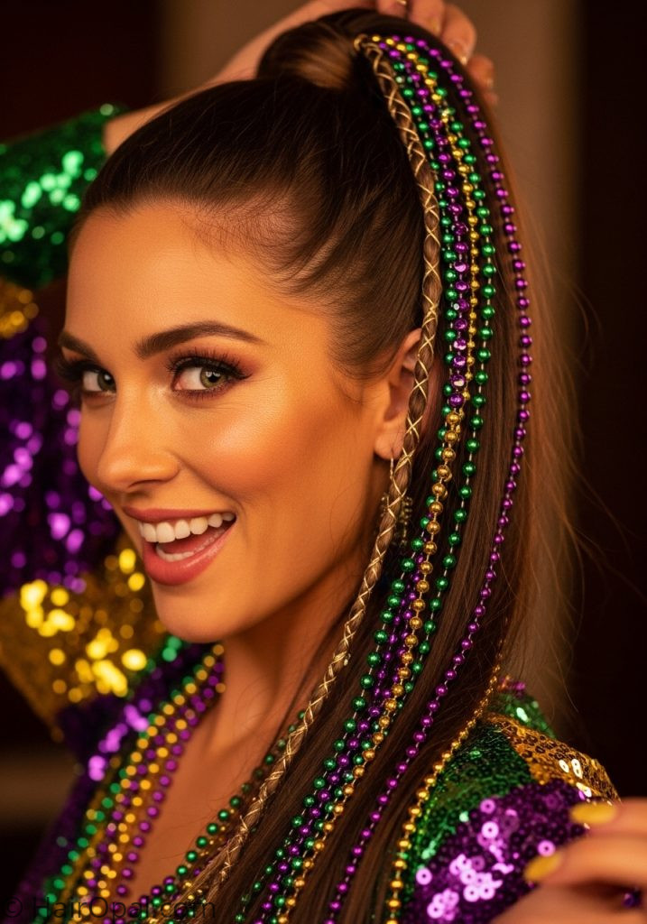 Woman with beaded ponytail mardi gras hairstyles with beads for long hair easy