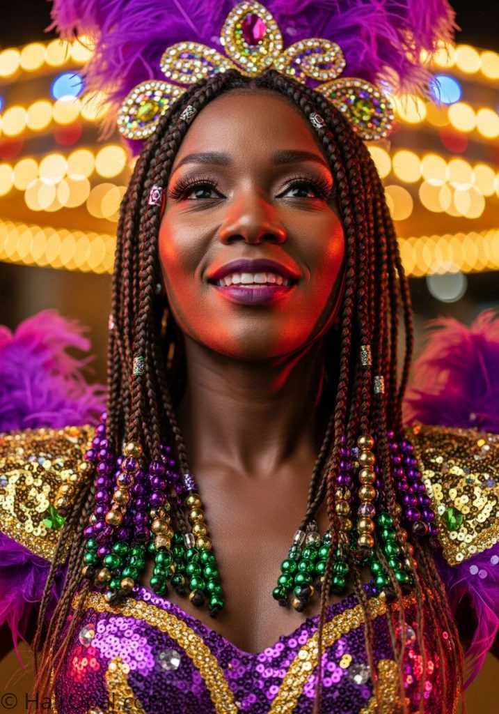 Black woman with box braids mardi gras beads purple green gold mardi gras hairstyles black women braids