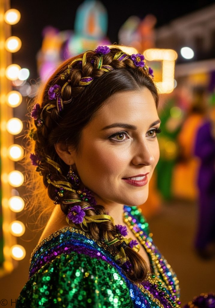 Woman with braided crown mardi gras colors mardi gras hairstyles braids updo for long hair