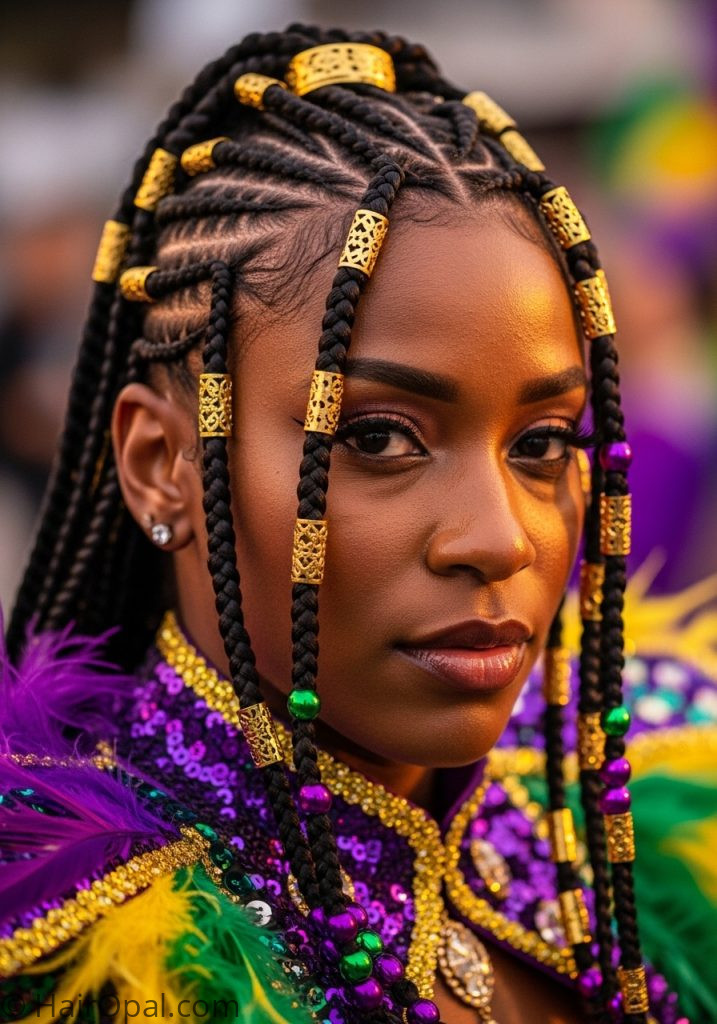  Black woman with cornrow designs gold cuffs beads mardi gras hairstyles braids black women