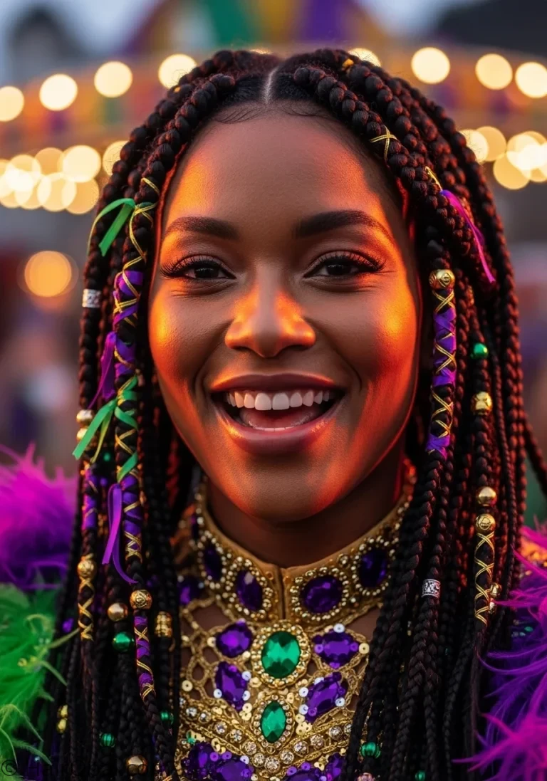 mardi gras hairstyles Black woman with beaded braids purple green gold festive