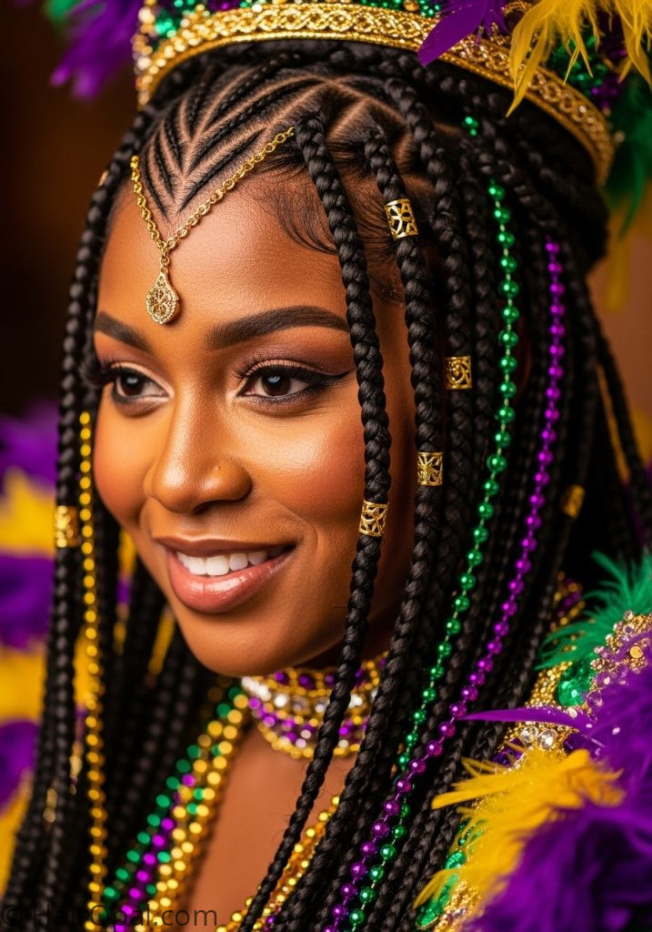 Black woman with Fulani braids mardi gras beads mardi gras hairstyles black women braids with beads