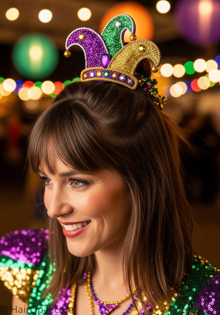 Woman with half up festive clip mardi gras hairstyles with headband easy medium hair