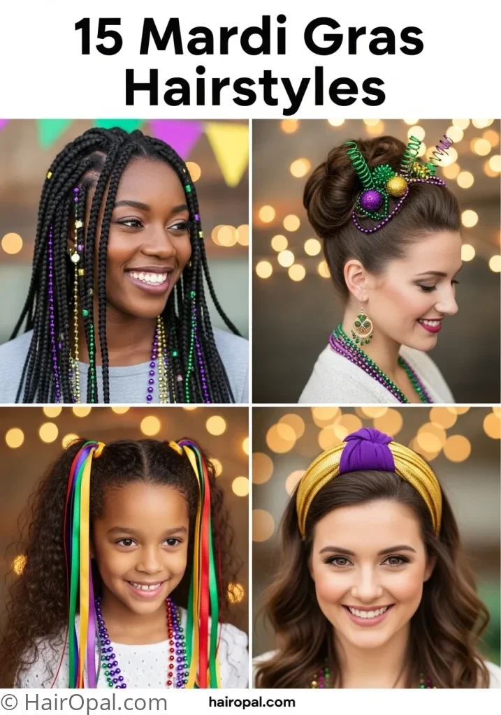 Collage of four mardi gras hairstyles women and kids with text 15 mardi gras hairstyles