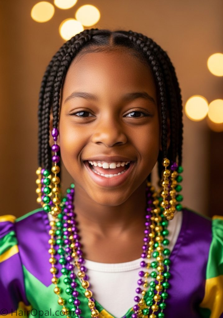 Young Black girl with mardi gras beaded braids mardi gras hairstyles for kids black women
