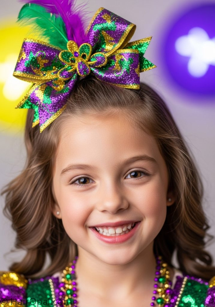 Young girl with mardi gras bow half up mardi gras hairstyles for kids easy