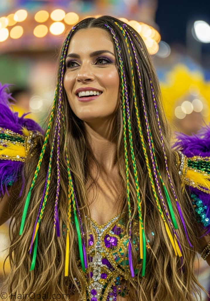 Woman with long hair mardi gras ribbons woven in mardi gras hairstyles for long hair easy down