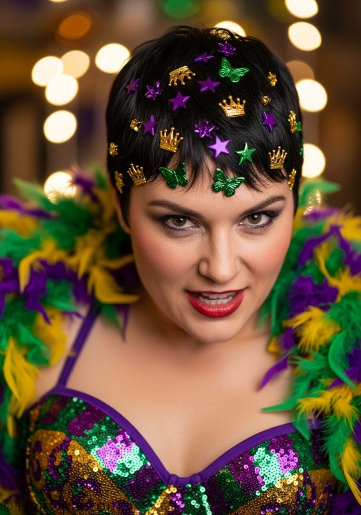Woman with short hair mardi gras pins clips mardi gras hairstyles for short hair easy