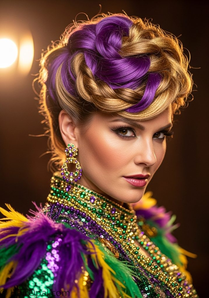 Woman with twisted updo purple gold color mardi gras hairstyles updo black women