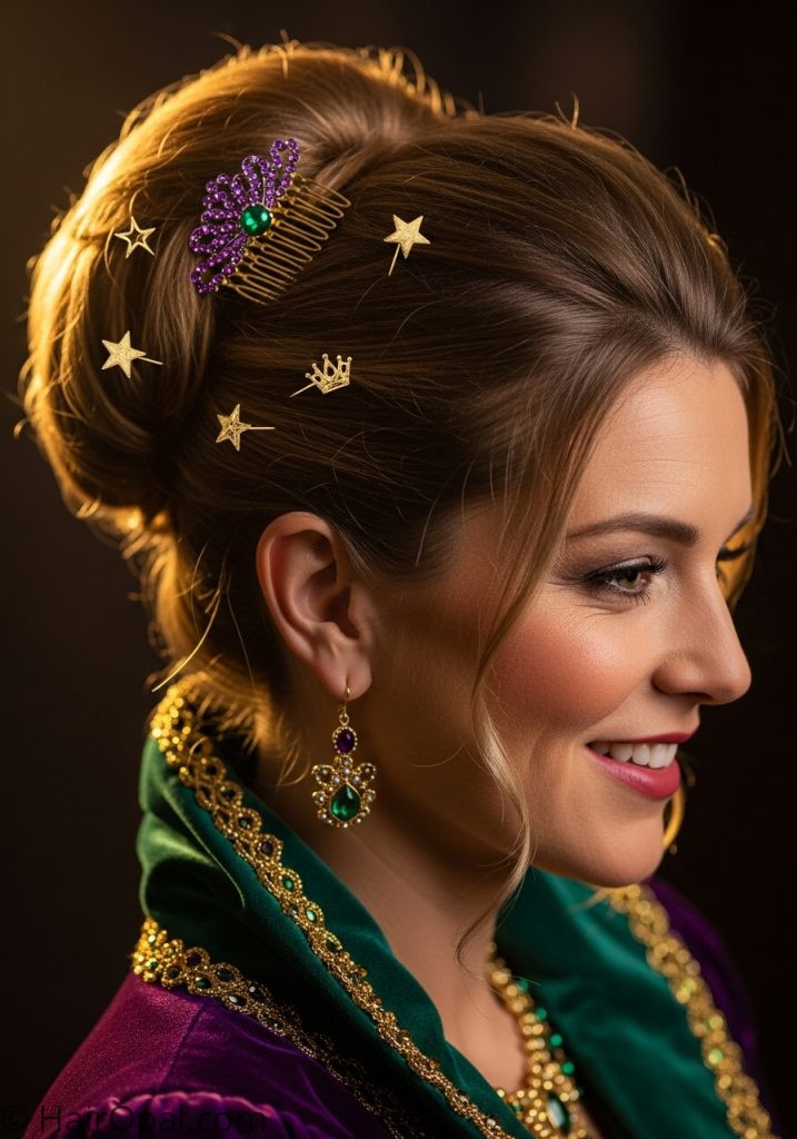 Woman with festive updo gold pins mardi gras hairstyles updo for long hair
