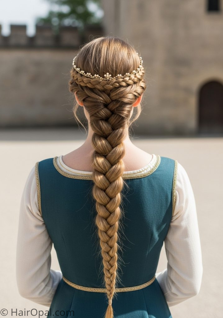 Woman with blonde single braid crown medieval hairstyles princesses blonde braid easy