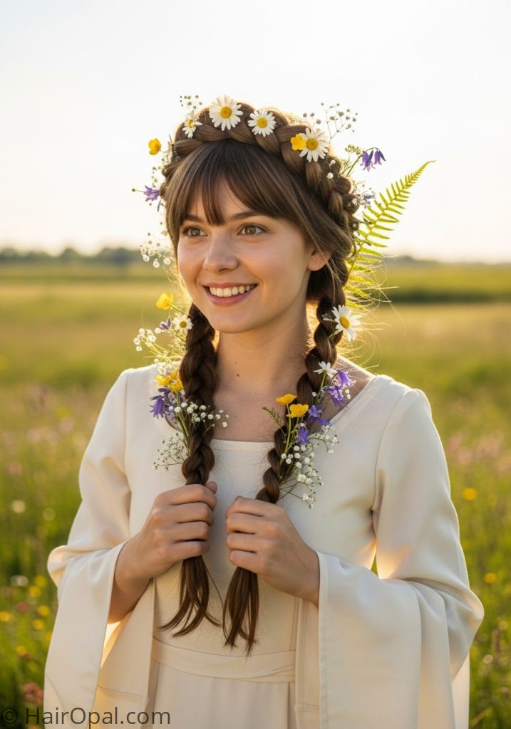 Woman with flower braided crown medieval hairstyles princesses fairytale easy braid
