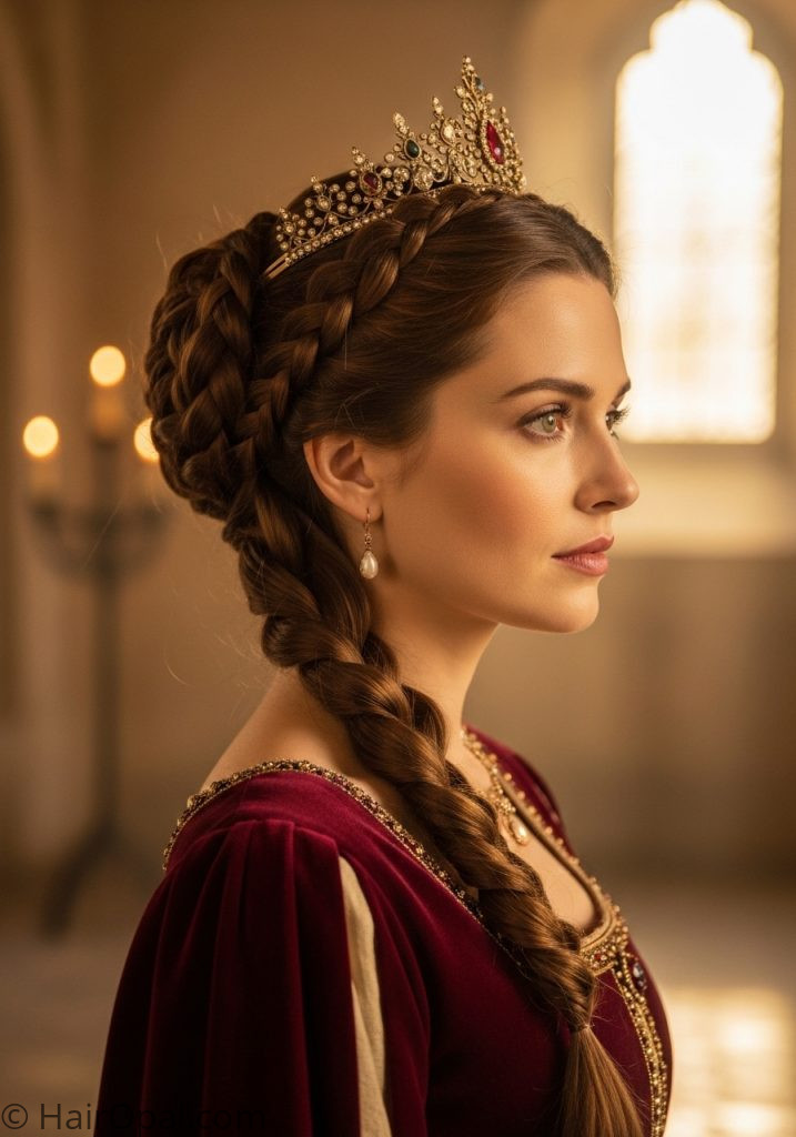 Woman with braided updo crown medieval hairstyles princesses updo queens