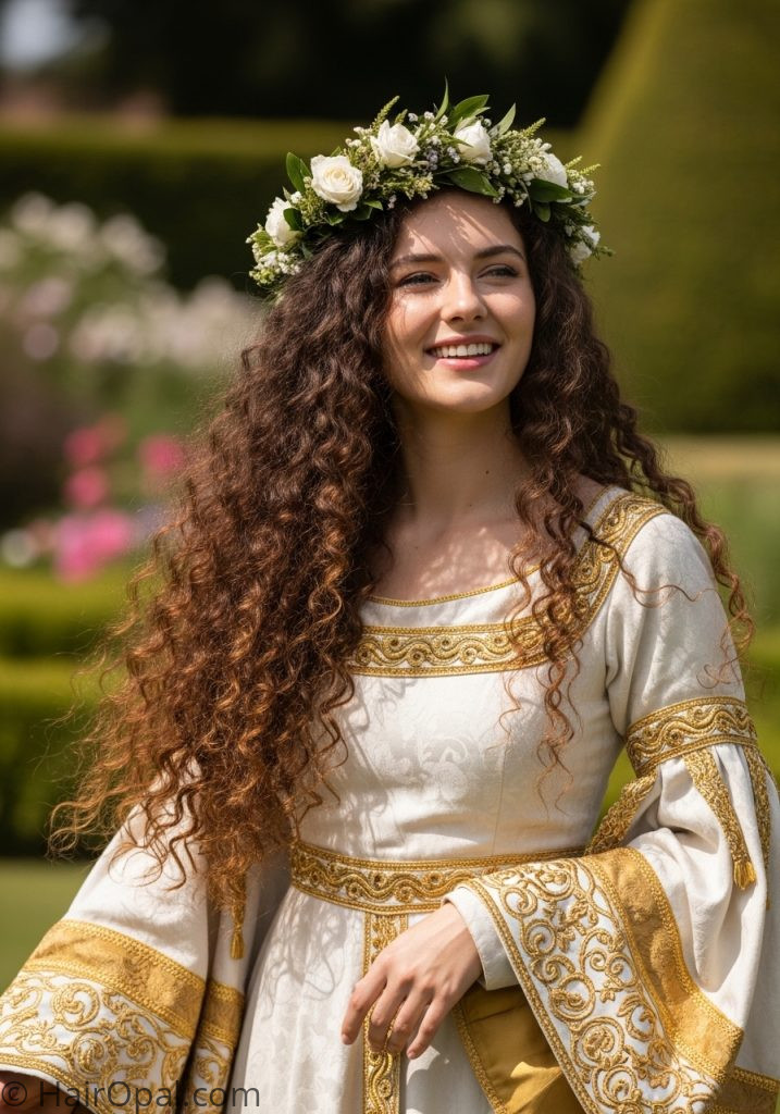 Woman with curly hair flower crown medieval hairstyles princesses curls fairytale easy