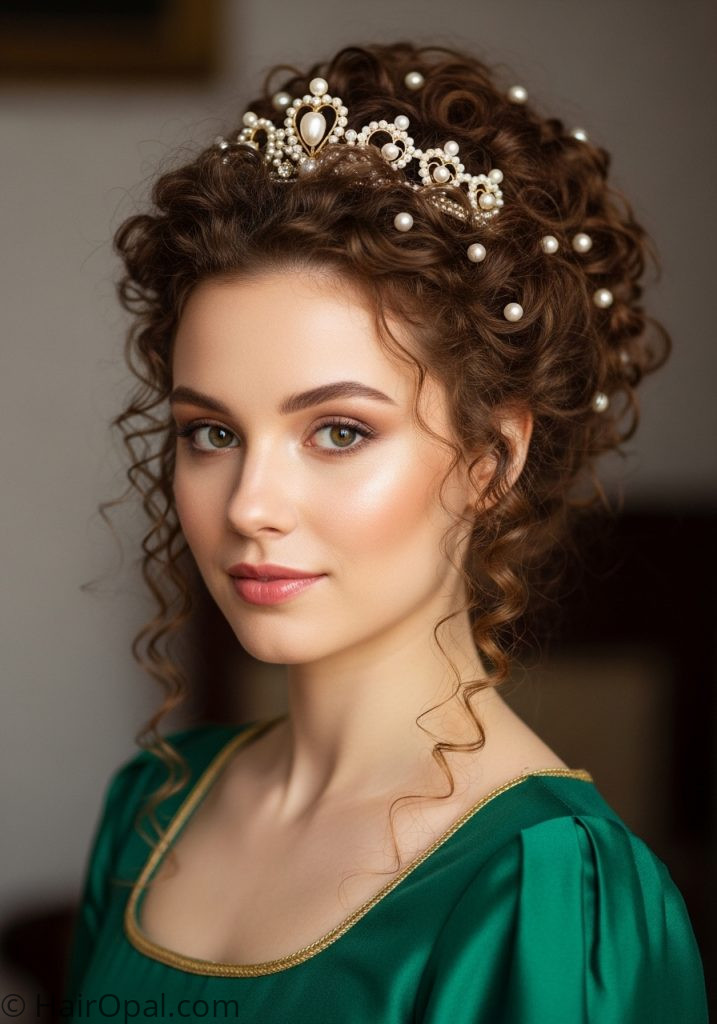  Woman with curly updo pearls crown medieval hairstyles princesses curls updo queens