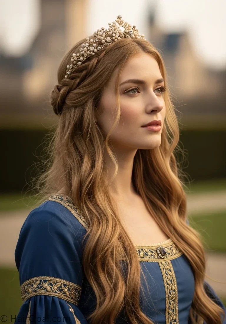 medieval hairstyles princesses woman with blonde braid and gold crown fairytale look