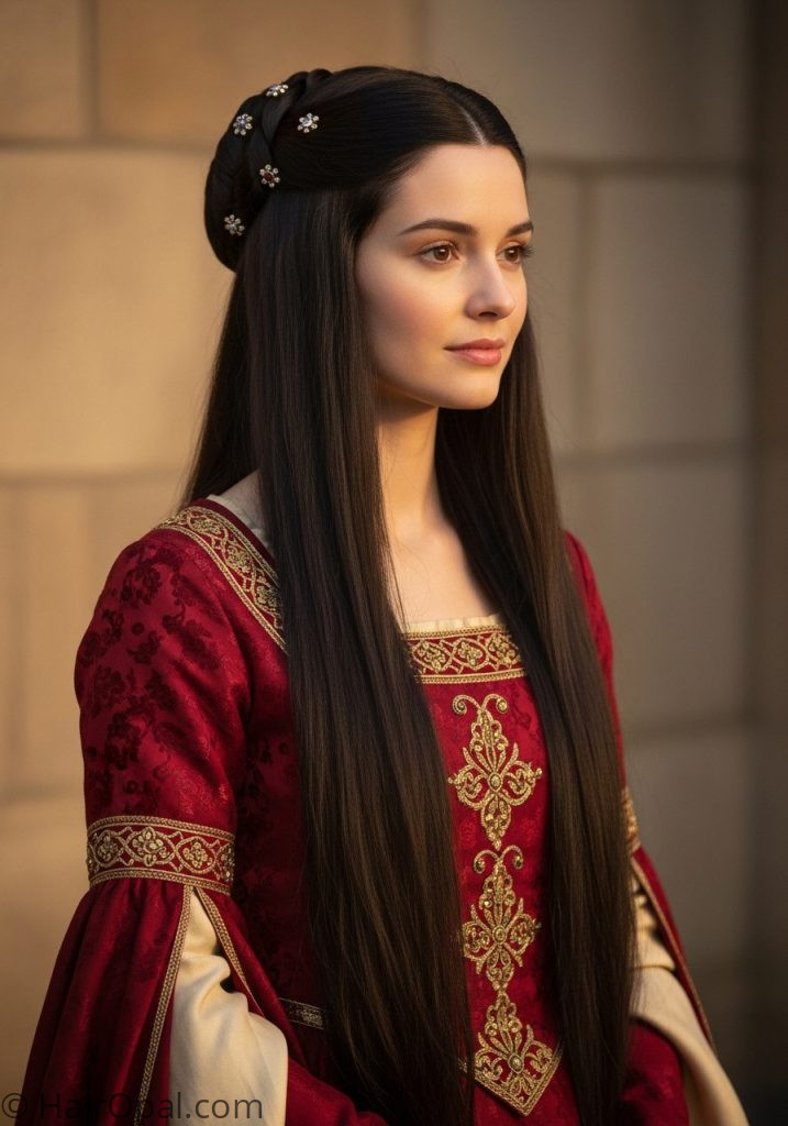 Woman with half up long flowing hair medieval hairstyles princesses fairytale updo easy