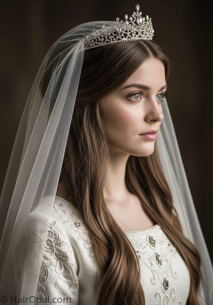 Woman with half up veil crown medieval hairstyles princesses wedding queens