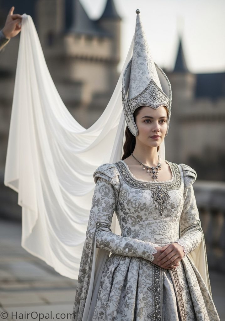 Woman with hennin veil medieval hairstyles princesses fairytale crowns queens