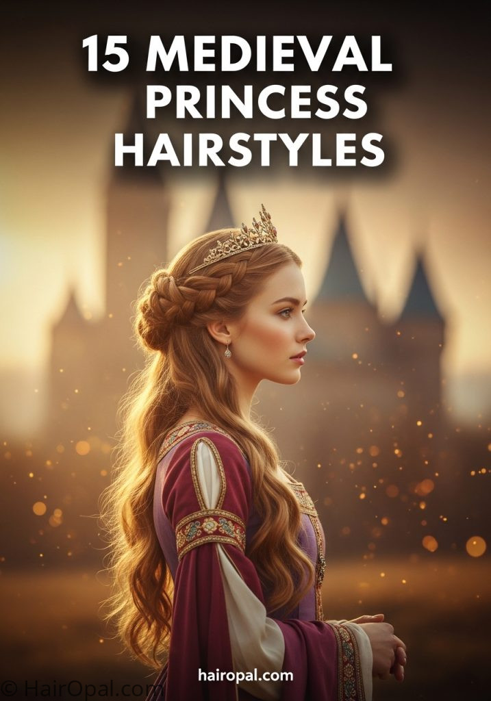 Woman with medieval princess braided updo gold crown with text 15 medieval princess hairstyles