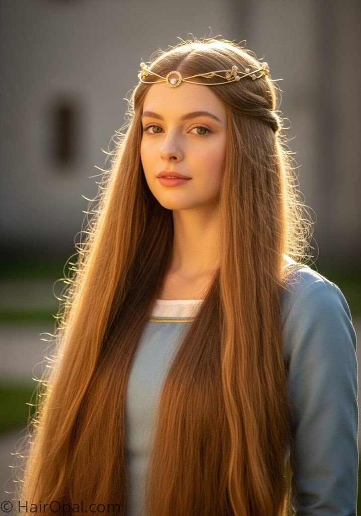 Woman with loose blonde hair circlet crown medieval hairstyles princesses blonde fairytale easy