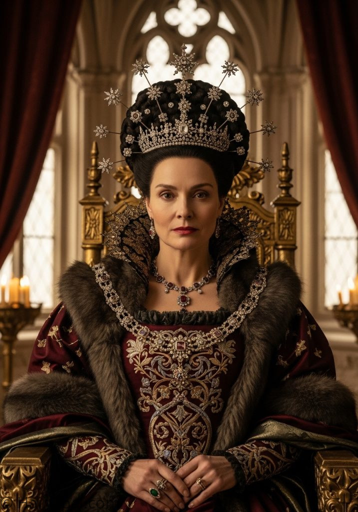  Woman with jeweled updo crown medieval hairstyles princesses queens updo regal