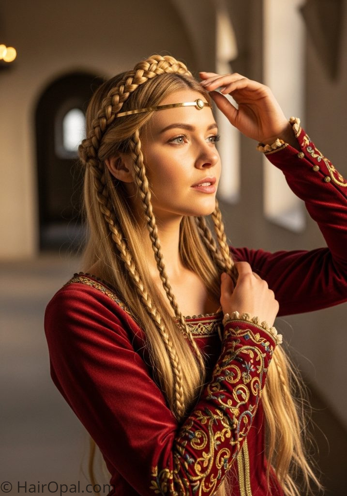 Woman with two braids gold fillet medieval hairstyles princesses blonde braid tutorial