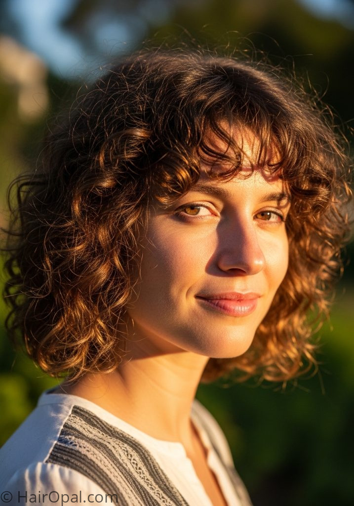 Woman with curly medium cut oval face medium curly haircuts oval face women