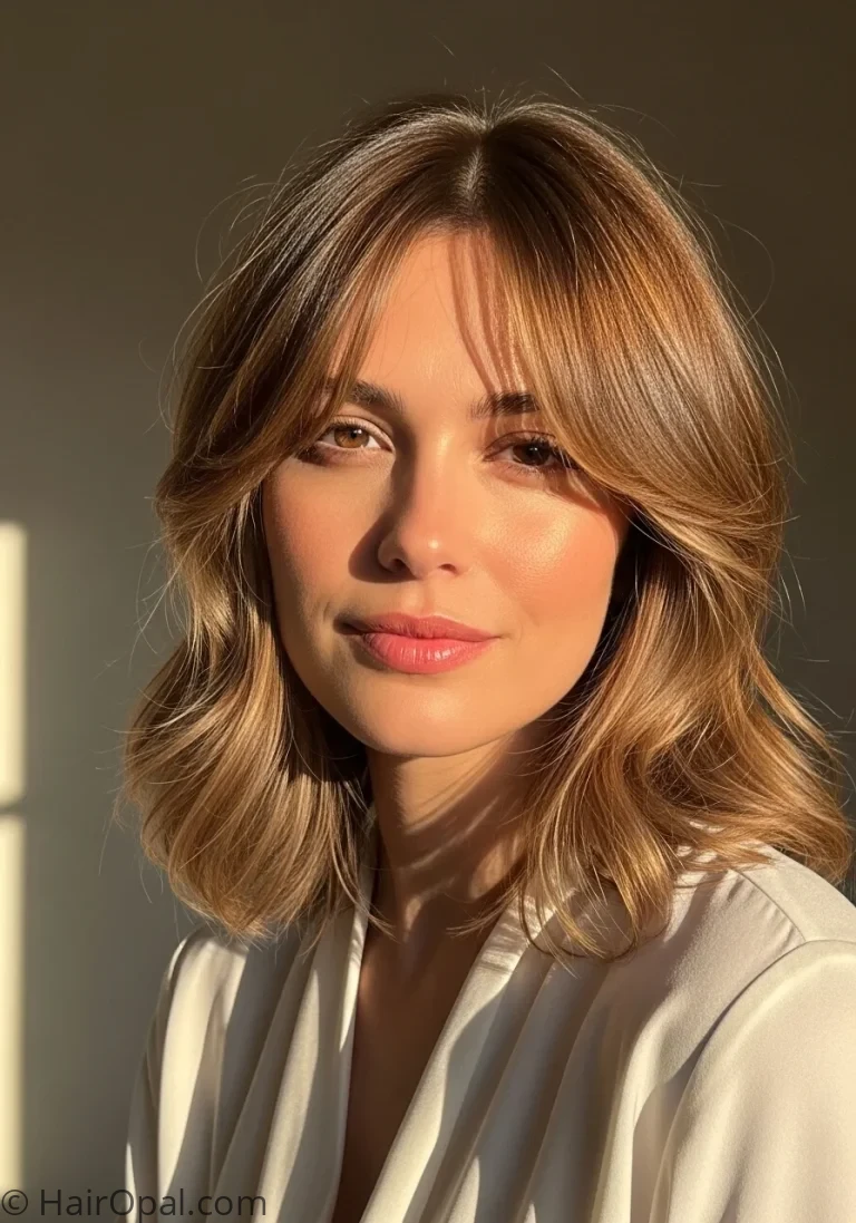 medium haircuts for oval face woman with layered lob curtain bangs flattering oval face