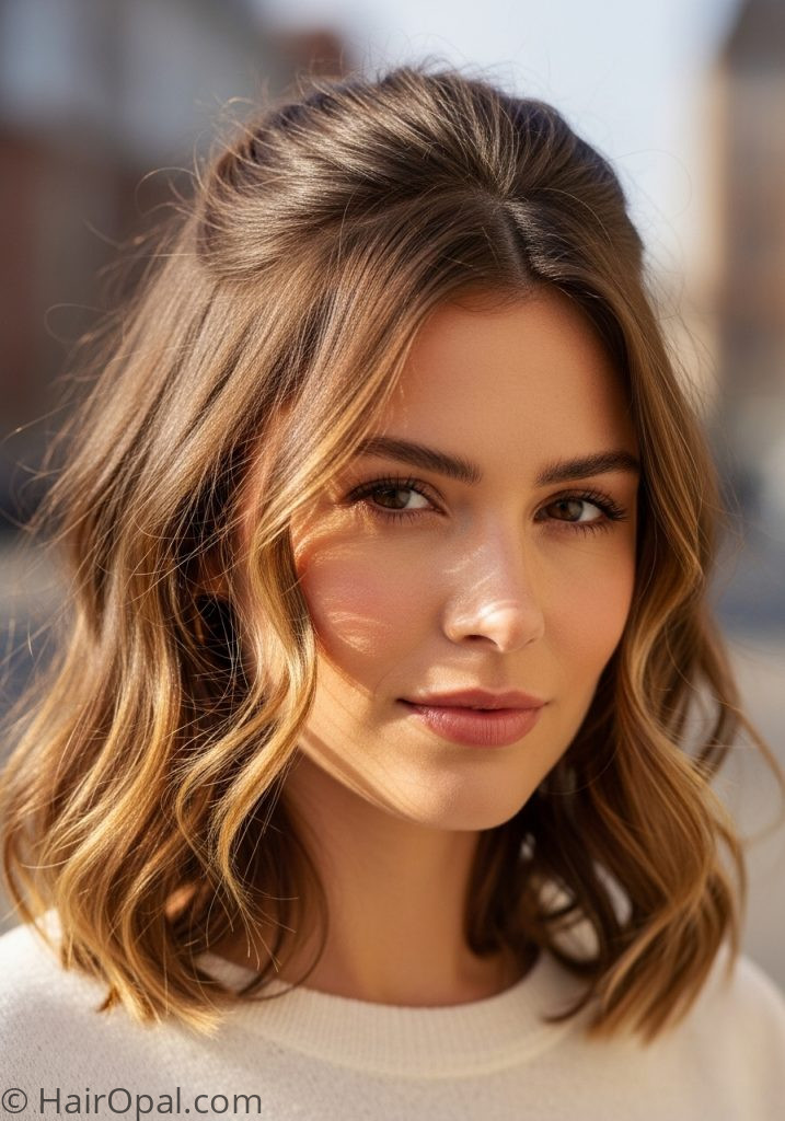 Woman with half up medium waves oval face haircuts for medium length hair and oval face