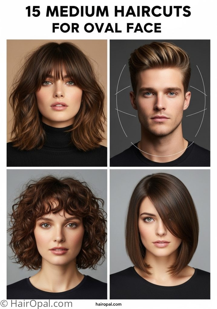 Collage of four medium haircuts for oval face shapes with text 15 medium haircuts for oval face