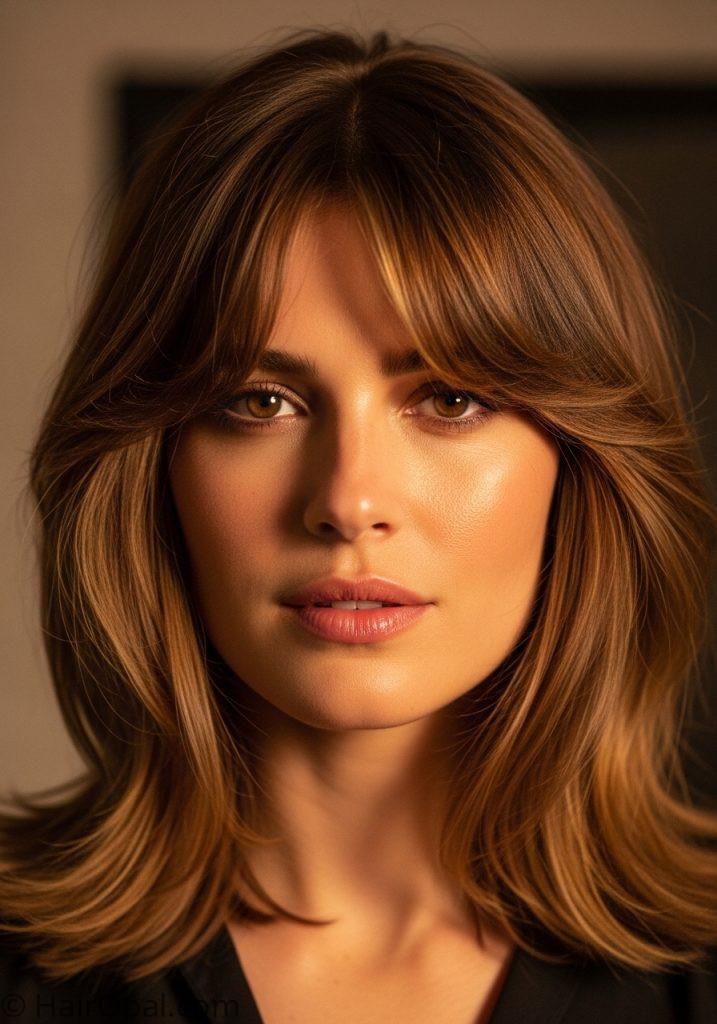 Woman with layered lob curtain bangs medium haircuts for oval face women with bangs