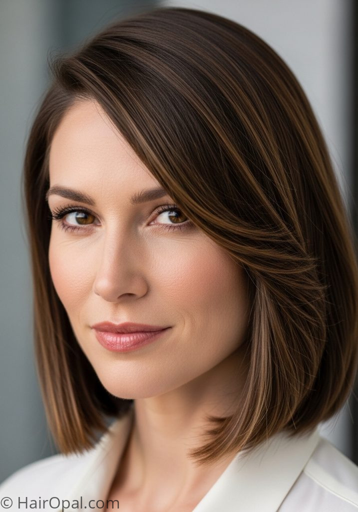 Woman with shoulder length straight side part oval face haircuts straight hair medium shoulder length