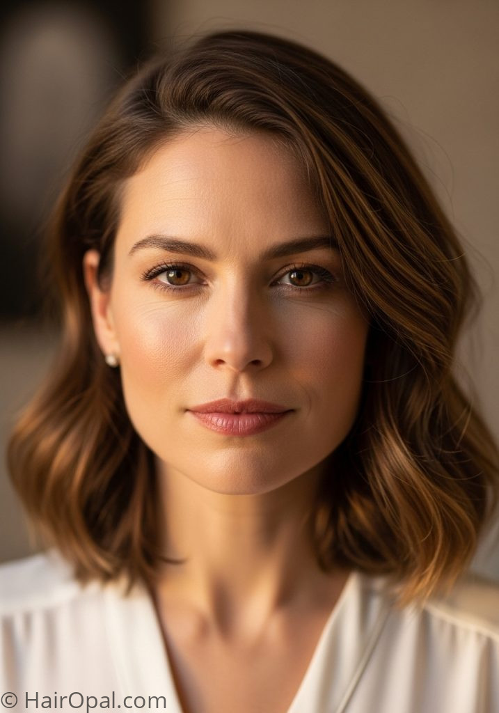 Woman with medium wavy no bangs oval face medium haircuts for oval face women straight wavy