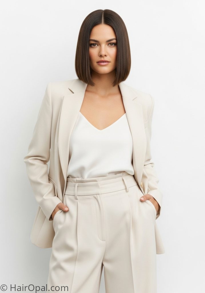 Woman with blunt bob inner layers medium haircuts for round faces straight layers long bob