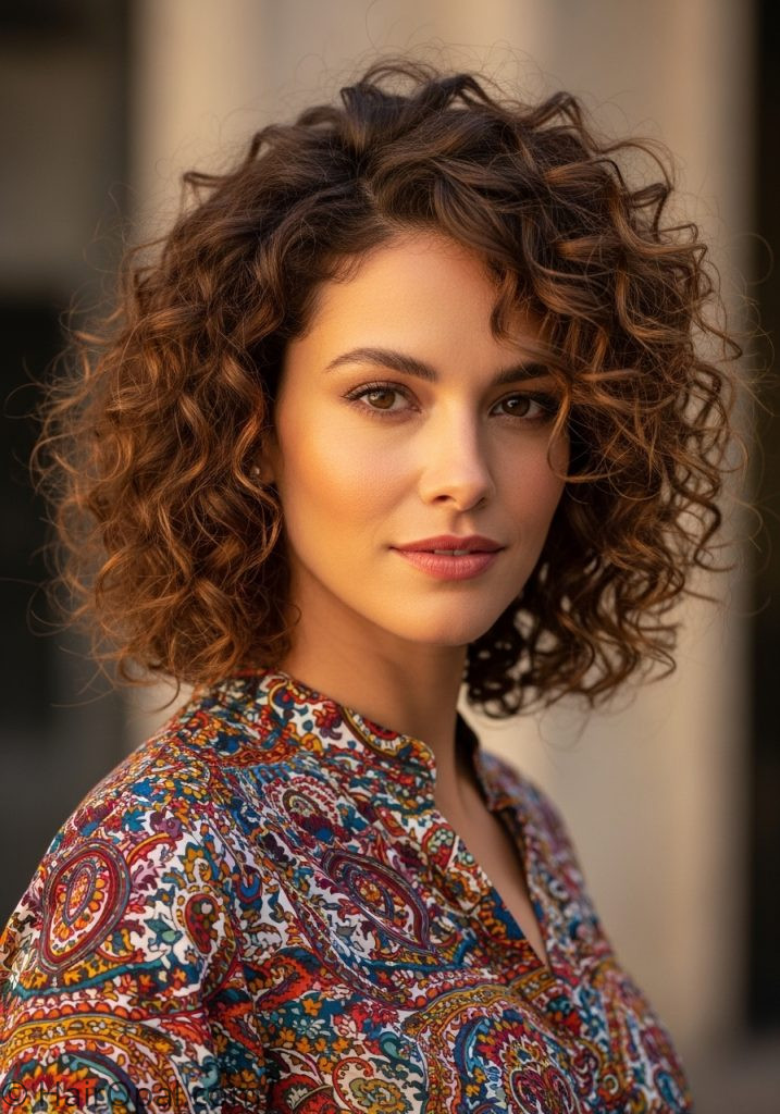 Woman with curly hair medium layered cut medium haircuts for round faces curly hair layers