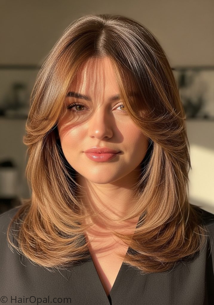 Woman with face-framing layers medium haircuts for round faces layers flattering