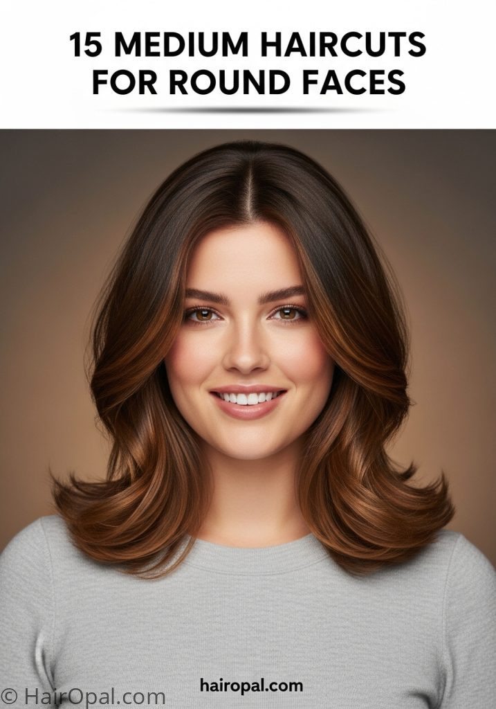 Woman with round face medium layered haircut with text 15 medium haircuts for round faces