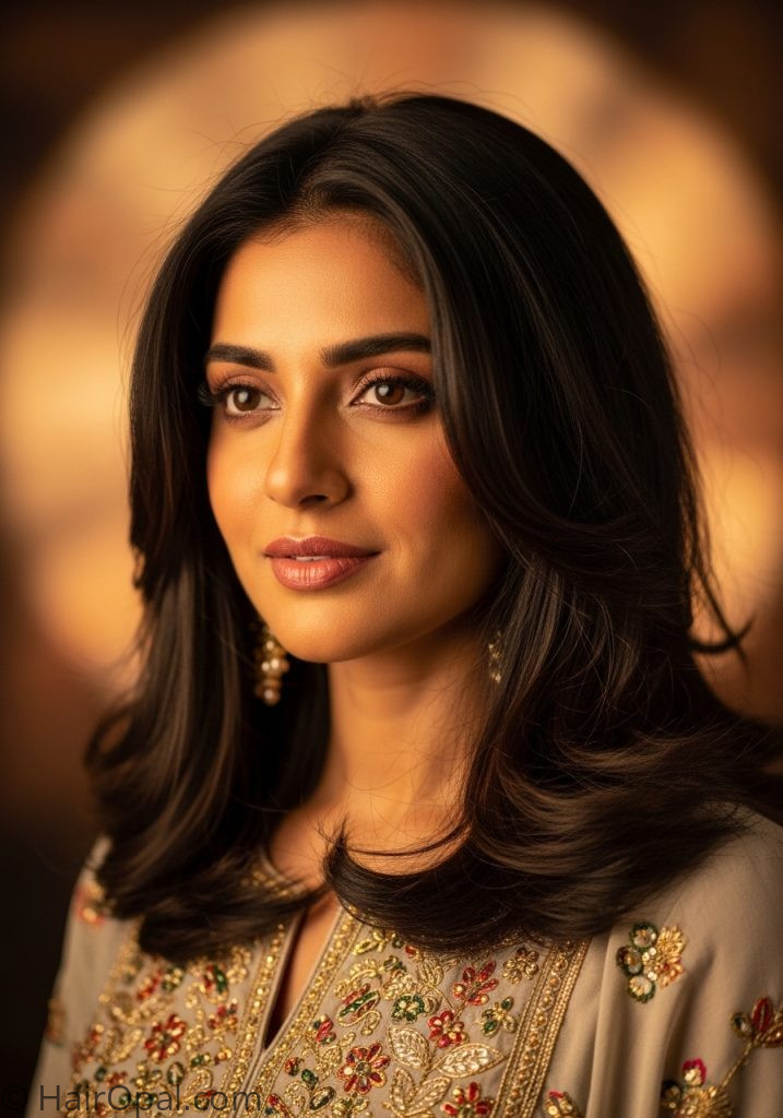 Woman with Indian hair medium U-cut layers medium haircuts for round faces indian