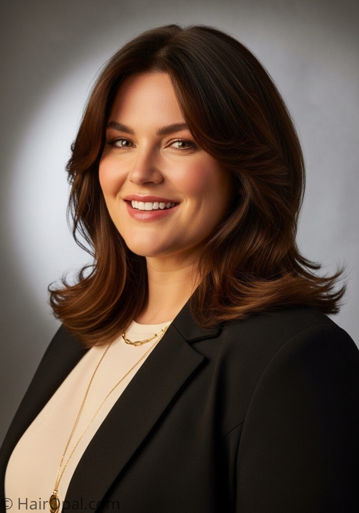 Plus size woman with flattering layered cut medium haircuts for round faces layered plus size