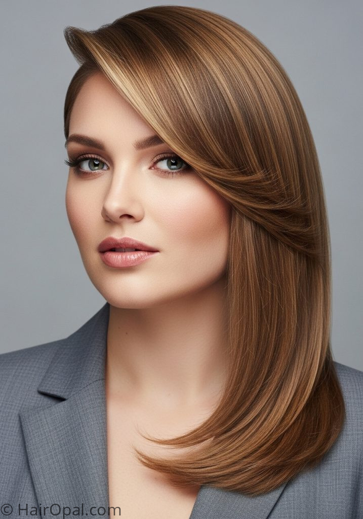Woman with straight hair deep side part medium haircuts for round faces straight layers